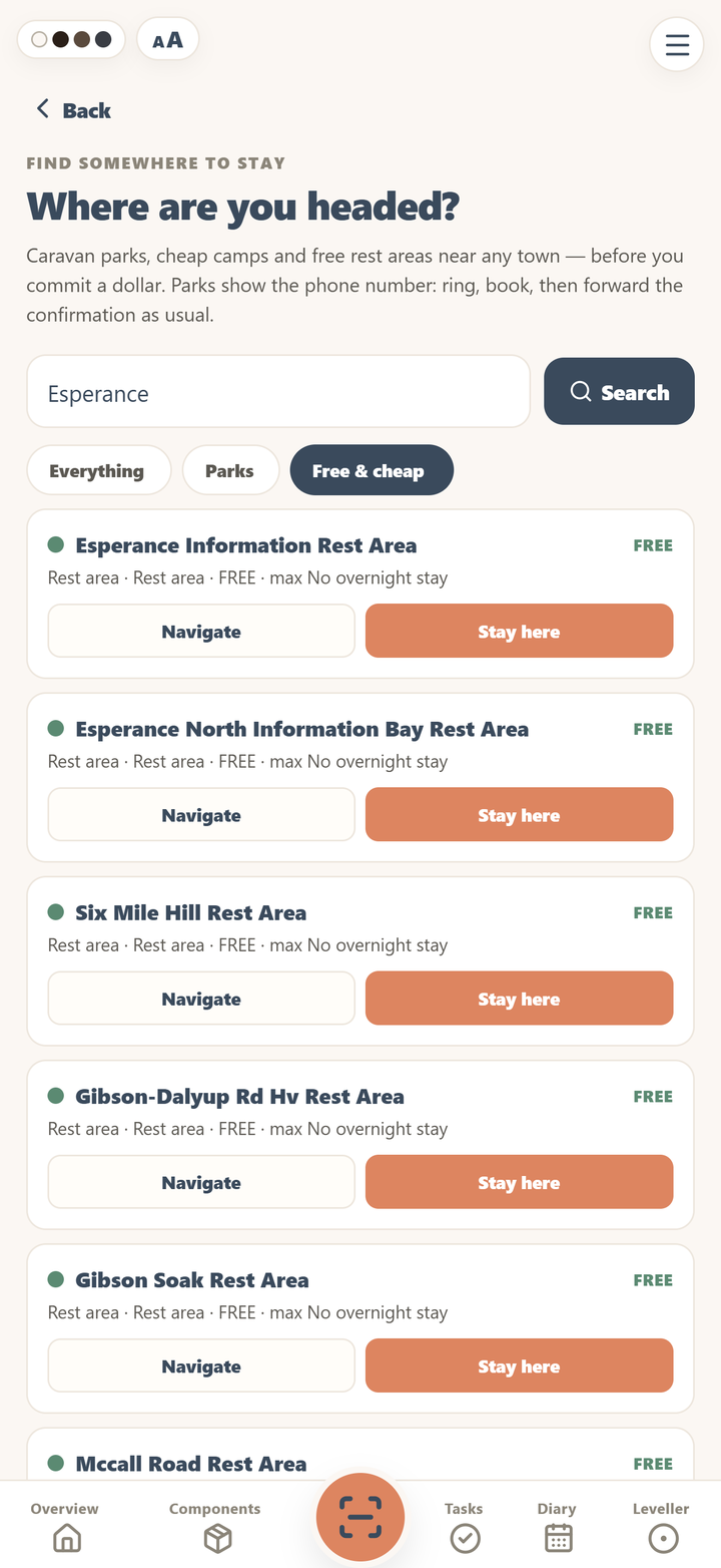 Kept stay finder: free rest areas near Esperance with Navigate and Stay here buttons