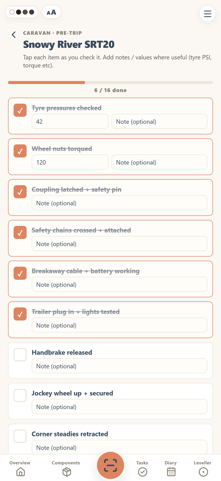 Kept pre-trip checklist for a Snowy River SRT20: six of sixteen checks ticked, with tyre pressure and wheel-nut torque recorded