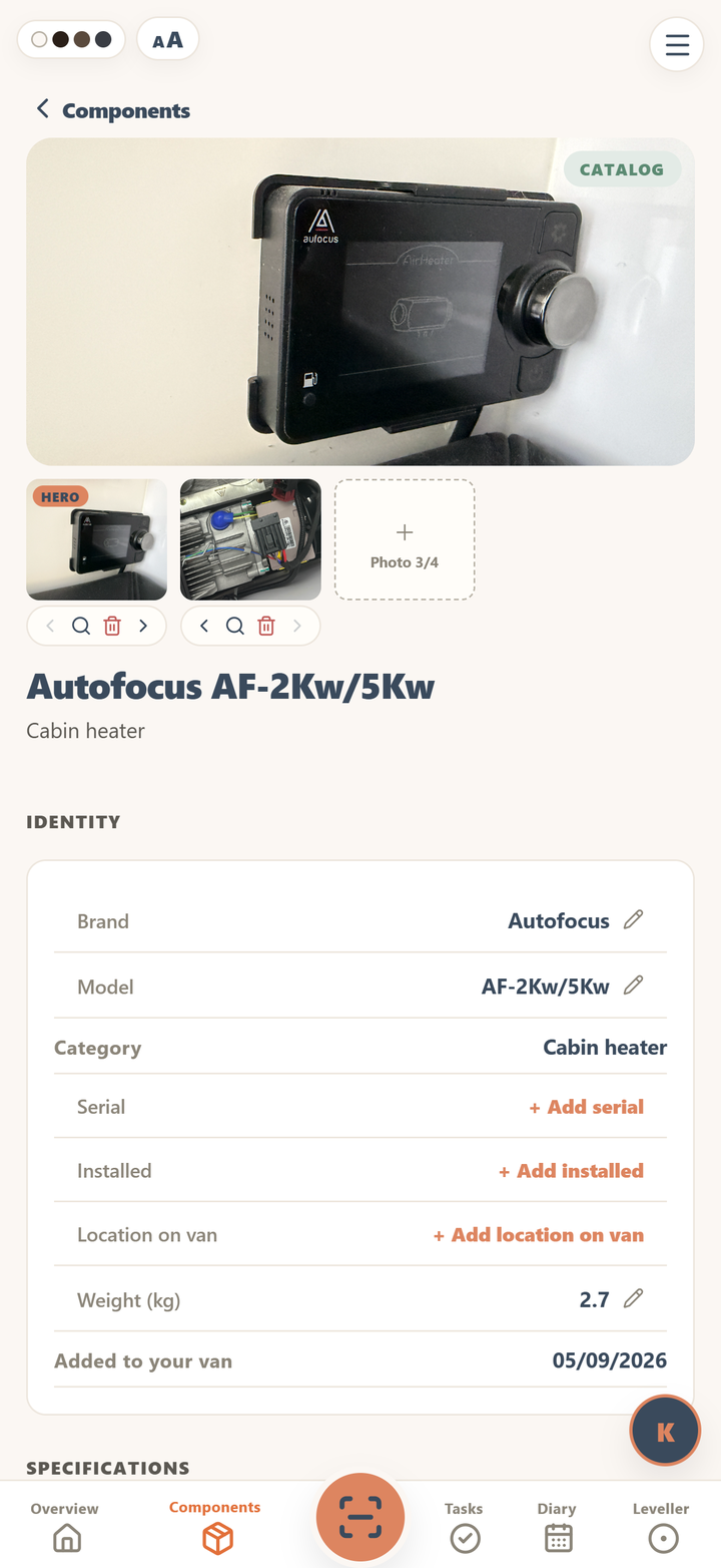 Kept component page for an Autofocus diesel heater: photos, identity details, and the manual Kept found with its service jobs