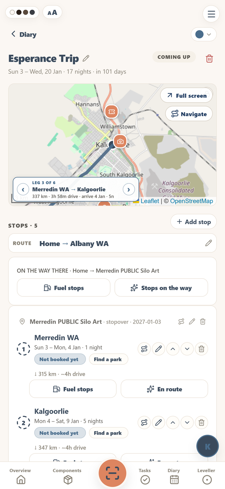 Kept trip page: route map on the Merredin to Kalgoorlie leg, then each stop with nights, drive time and buttons for fuel stops and places en route